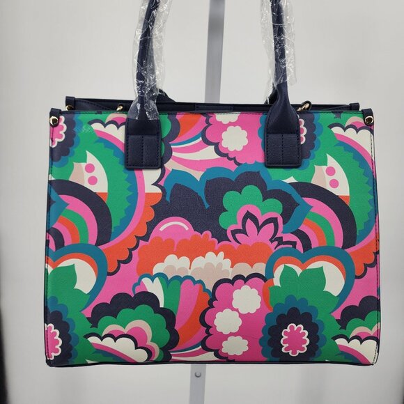 Trina Turk Floral Print Tote Bag 14x11 Floral Navy Pink Green Designer Purse - Picture 8 of 11